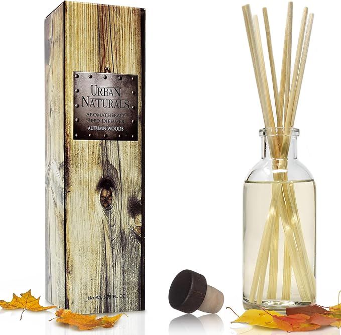 Urban Naturals Reed Diffuser Set, Autumn Woods - Bathroom Shelf Décor | Dark walnut, English Lavender and White Amber, A Fresh, Earthy, Woodsy Fall Forage Scent, Made in the USA