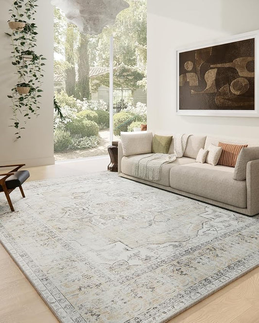 10x12 Area Rugs for Living Room: Large Washable Rug Non Slip Low Pile Soft Faux Wool Non Shedding Distressed Lightweight Vintage Floral Carpet for Bedroom Dining Room Kids Playroom Nursery Farmhouse