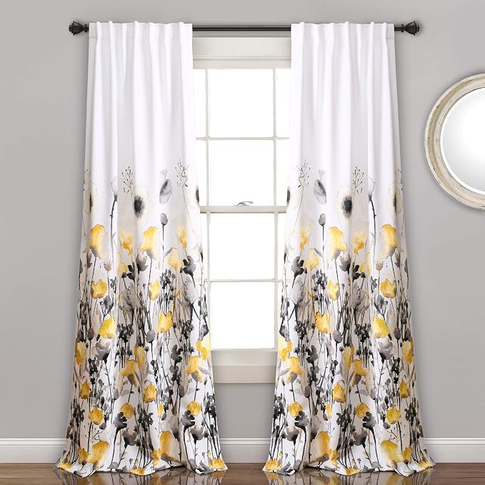 LUSH DÉCOR, 95” x 52”, Yellow and Gray Lush Decor Zuri Flora Curtains Light Filtering Window Panel Set for Living, Dining, Bedroom (Pair)