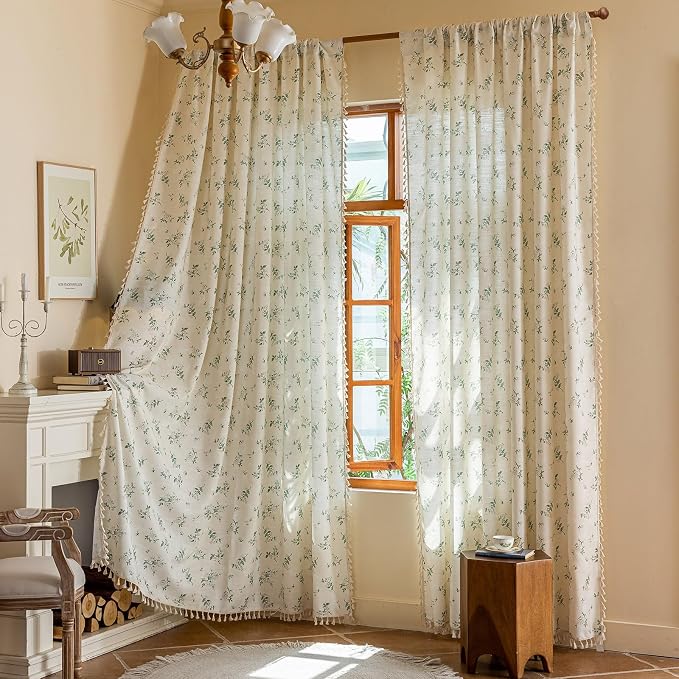OYX Boho Floral Spring Semi Sheer Curtains 84 Inch Length 2 Panels, Linen Texture Farmhouse Light Filtering Curtains Beige Tassel for Bedroom Living Room Vintage Rustic Patterned Printed Rod Pocket