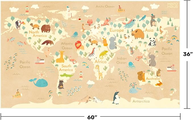 Hazo Haus 3x5 Animal World Map Bedroom Rug for Kids – Soft Educational Area Rug with Cute Animals by Continent, Washable Stain Resistant Nursery Rug - Beige