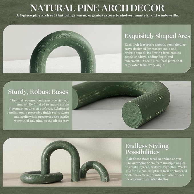 EOSAHR Pine Wooden Arch Decor Set for Green Boho Decor - Decorative Objects for Coffee Table, Side & Bookshelf - Minimalist Wood Sculpture for Table Decoration (Green)