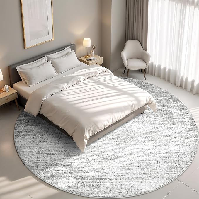 Valenrug Washable Round Area Rugs 8x8 - Stain Resistant 8ft Round Rugs for Living Room, Non Slip Backing Printed Rugs for Bedroom, Folable Machine Washable Area Rug (8ft, Grey)