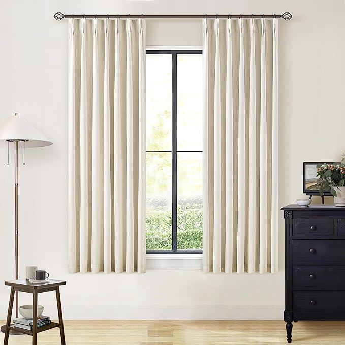 Linen Beige Black Out Curtains 63 Inch Long for Bedroom Pinch Pleated with Rings Hooks Back Tab Thermal Insulated Short Length Linen Blackout Drapes Farmhouse Living Room Darkening Kitchen Curtains