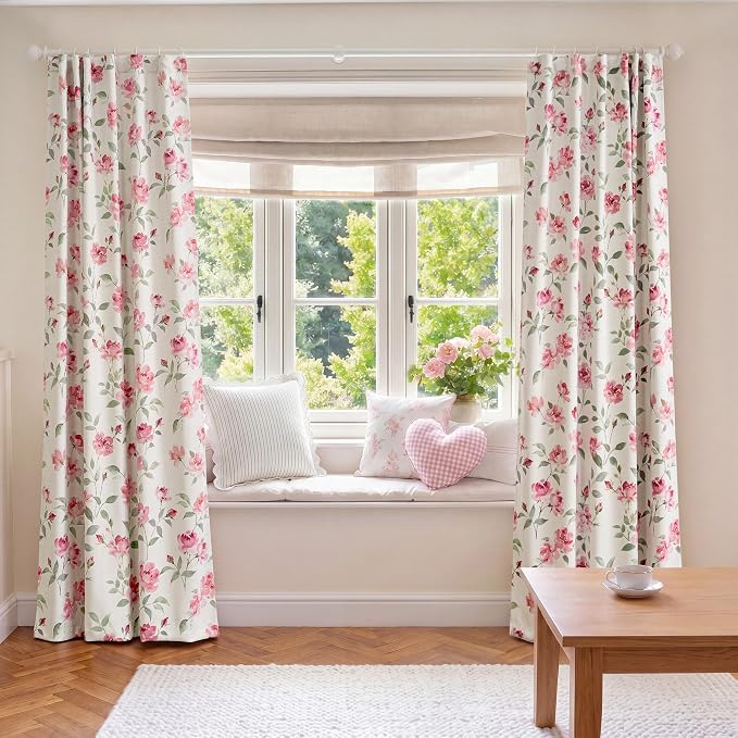 jinchan Pink Curtains Floral Blackout Curtains 63 Inch Length Watercolor Rose Cottagecore for Bedroom Living Room Room Darkening Drapes Romantic Vintage Decor Rod Pocket & Back Tab 2 Panels