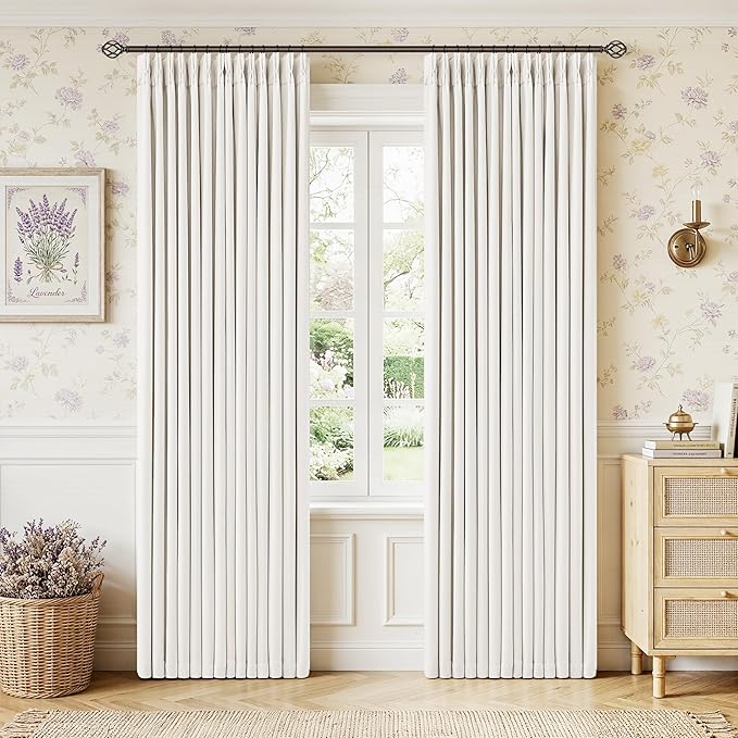 TWODRAPES Ivory Linen Blackout Pleated Curtains 84 Inches Long 2 Panels Set Pinch Pleate 100% Black Out Double Layer Natural Burlap Thermal Insulated Drapes for Bedroom Living Windows 84 Inch Length