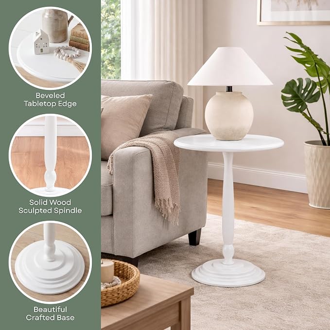 Convenience Concepts Classic Accents Amelia Spindle Table 18" - Traditional Solid Wood Round Side Accent, Display Pedestal for Transitional Living Room, Entryway, Hallway, or Bedroom, White