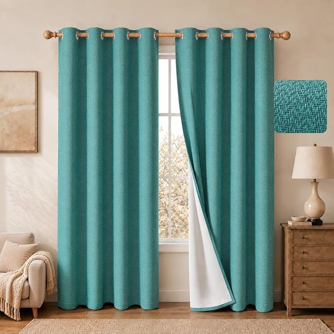 2 Panels 100% Blackout Linen-Textured Curtains, Thick Thermal Insulated Grommet Drapes with Subtle Herringbone Weave, Luxury Decor for Bedroom/Living Room, 54 x 84 Inches, Teal