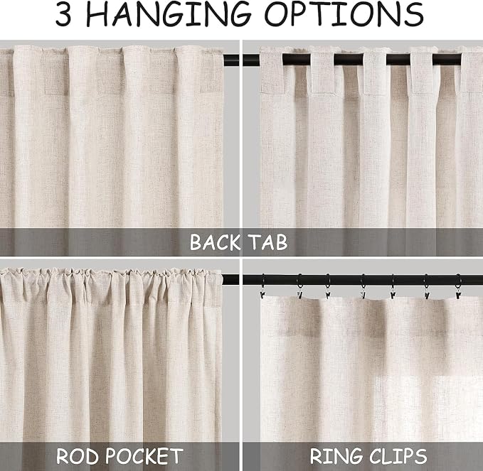 Nanspring 30 Inch Beige Curtains for Kitchen Linen Blend Rustic Farmhouse Short Curtain Back Tab and Rod Pocket Semi Sheer Curtains for Cafe Bathroom Small Window 26 x 30 Inch, 2 Panels