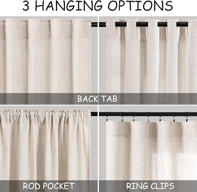 Nanspring Beige Linen Curtains for Kitchen Windows Over Sink - Cafe Drapes Rustic Farmhouse Semi Sheer Curtains with Back Tab and Rod Pocket Short Curtain for Small Window 36 x 24 Inch,2 Panels