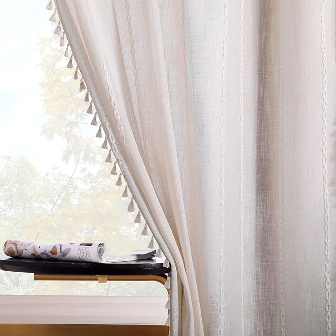 RoomTalks Boho Beige Curtains for Bedroom Living Room 84 Inch Length French Country Modern Farmhouse Cotton Window Curtain Panels Embroidery Striped Bohemian Tassel Draperies, 84’’L x 52’’W