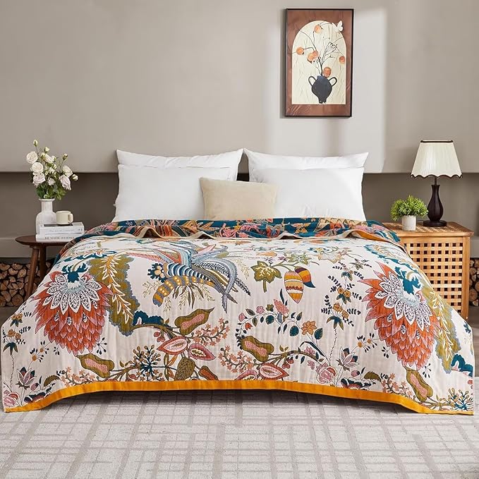 Boho Throw Blanket Farmhouse Decor Throw Blanket Bohemian Blanket for Bed 100% Cotton Muslin Woven Couch Blanket All Seasons Quilt Bedroom (Beige, 50"x60")
