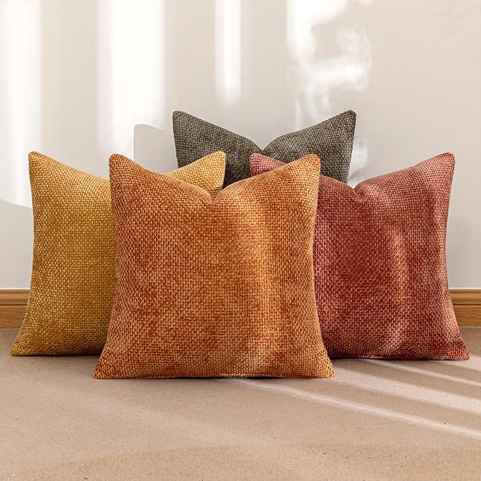 MIULEE Pack of 4 Orange/Yellow Couch Throw Pillow Covers 18x18 Inch Halloween Soft Decorative Chenille Pillows Farmhouse Accent Cushions for Boho Fall Home Decor Sofa Bedroom Living Room