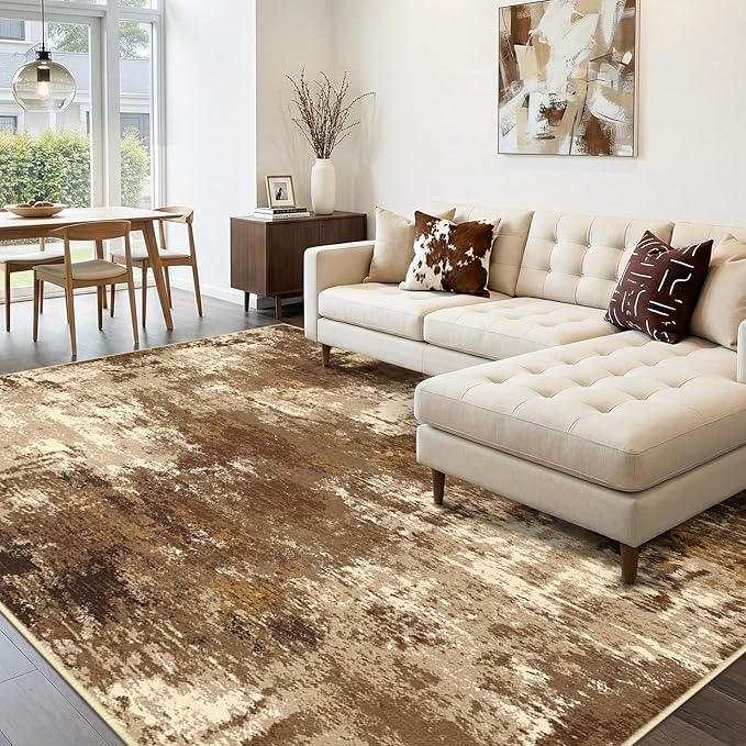 RELEANY Washable Area Rugs 9'x12' Non-Slip Modern Abstract Soft for Living Room Entryway Bedroom Kitchen, Print Pattern, Brown Tan Beige Coffee