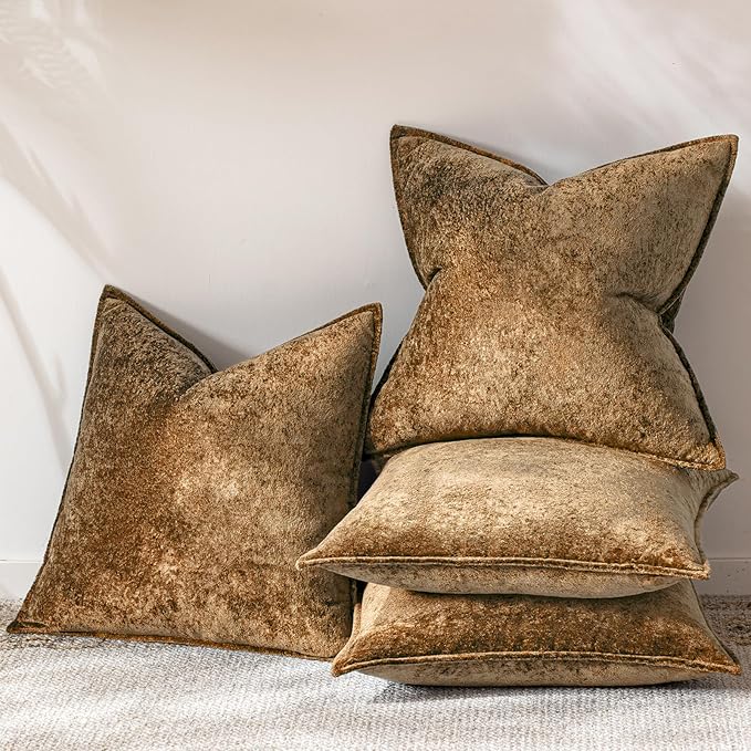a moment Throw Pillow Covers 16X16 Inch 4 Packs,Soft Velvet Decorative Pillow Cases with 3D Ice Flower,Texture Modern Accent Cushion Covers for Sofa Couch Home Decor Golden Brown