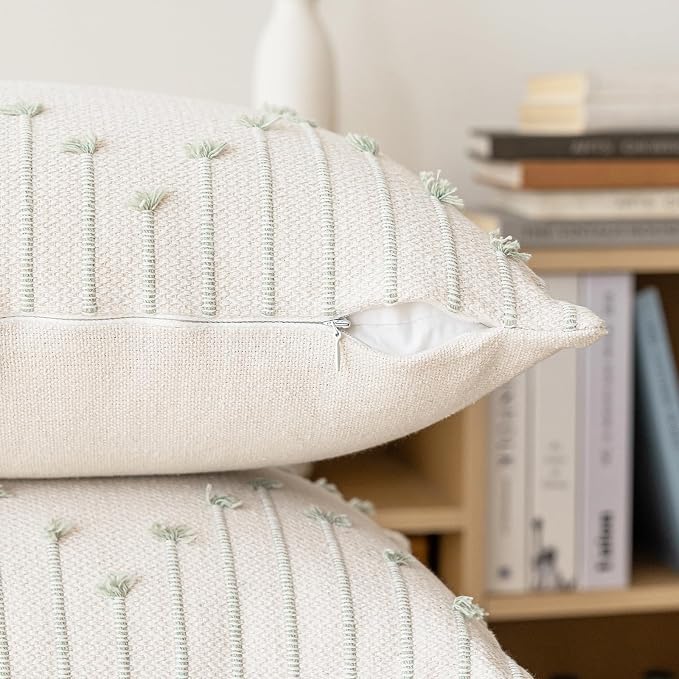 LILEPOY Boho Throw Pillow Covers 12x20 Set of 2 Neutral Decorative Textured Cushion Case Farmhouse Pillowcase Modern Lumbar Pillow Covers for Sofa,Couch, Living Room,Beige and Green