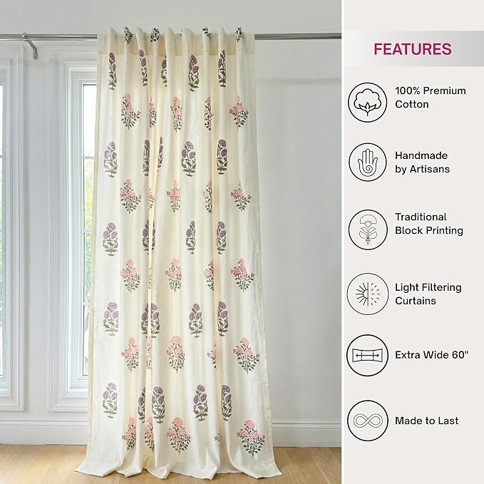 ATOSII 100% Cotton Single Panel Block Print Curtain, Easy Hanging with Rod Pocket & Loop, Living Room, Dining Room, Bedroom Light Filtering Boho Curtains, Set of 1, 60" W X 96" L, Phool
