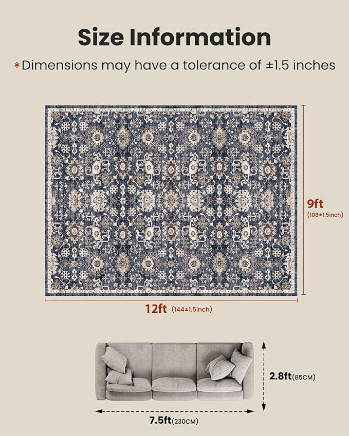 AMADA HOMEFURNISHING 9x12 Washable Area Rug, Low-Profile Large Area Rug with Non-Slip Backing & Durable Edge Binding, Vintage Large Rugs for Living Room, Bedroom & Dining Room