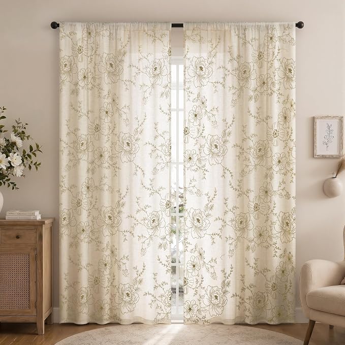 Boho Floral Curtains, Vintage Farmhouse Curtains 84 Inches Long, Beige Cottage Core Flower 2 Panels