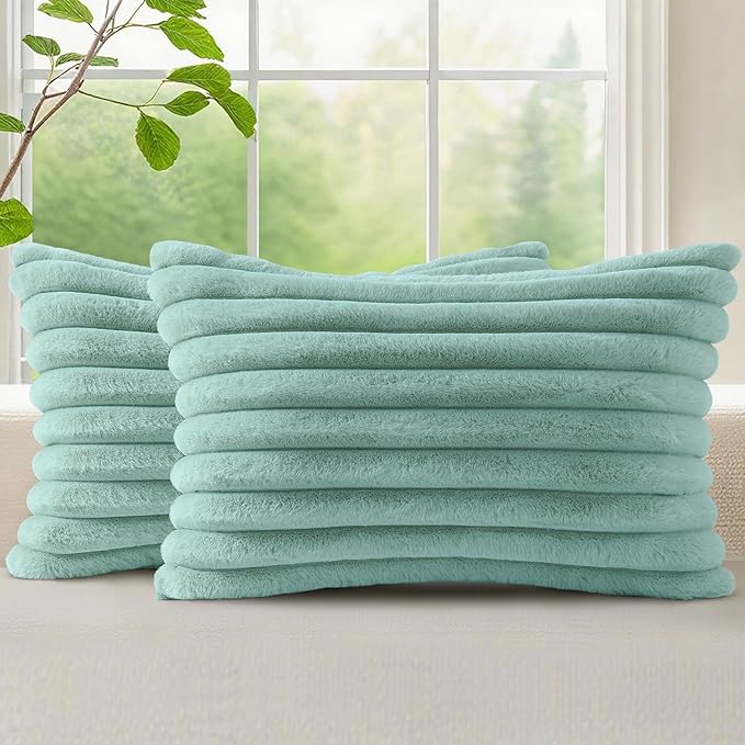 decorUhome Fall Cozy Faux Fur Throw Pillow Covers 12x20 Set of 2 Decorative Soft Plush Striped Lumbar Modern Farmhouse Boho Couch Pillow Cases with Velvet Back for Sofa Bed Living Room, Aqua