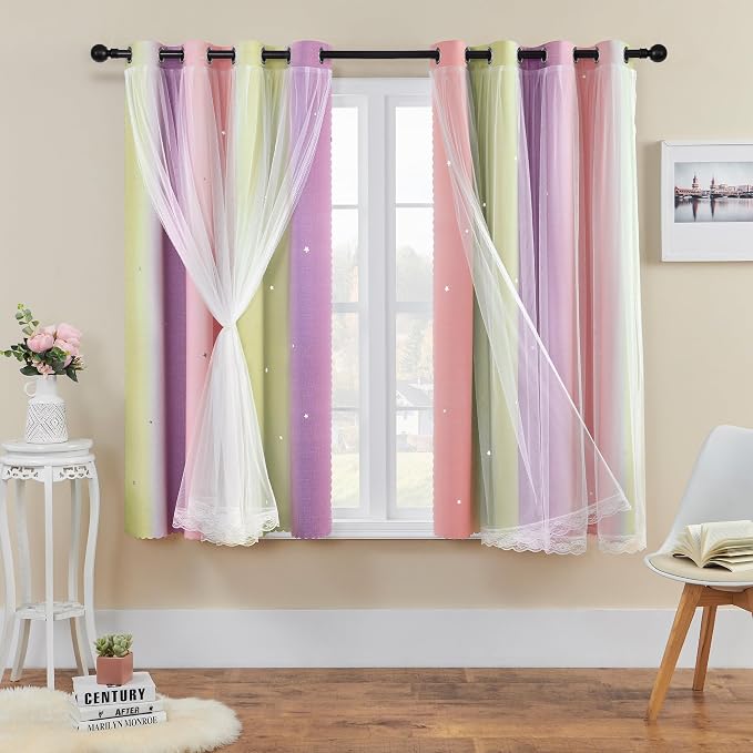 XiDi Curtains for Bedroom Decor, Rainbow Pink PurpleYellow52/54/1