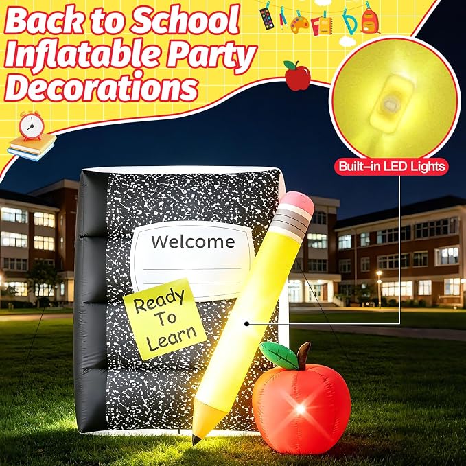 5FT Back to School Inflatable Outdoor Decorations Giant Blow Up Composition Notebook with Pencil,Built-in 3 LED Lights for First Day of School Welcome Party Classroom Garden Yard Decor Photo Props