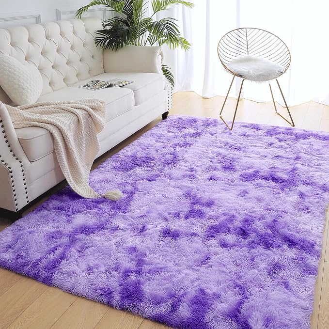 AROGAN Soft Rainbow Area Rugs for Girls Room 6x9 Feet, Fluffy Girls Bedroom Rugs, Princess Rug, Cute Colorful Carpet for Kids Teens Nursery Toddler （Purple）