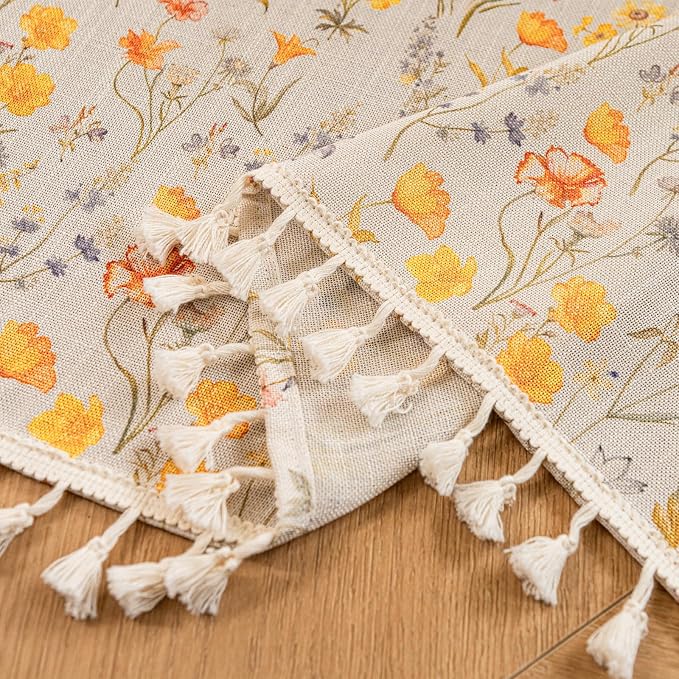 Deeprove Boho Valance 18 Inch Long for Windows Cafe Kitchen Modern Watercolor Botanical Gold Yellow Florals Print Curtain with Fringe Small Short Treatment for Fall Decorative 1 Panel 52W x 18L
