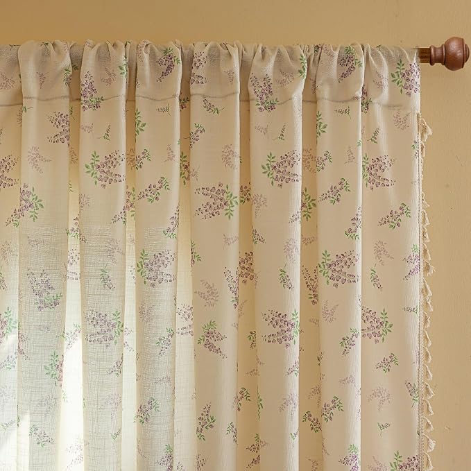 OYX Boho Lavender Floral Curtains 63 Inch, Farmhouse Purple Flower Drapes with Tassels, Linen Textured Light Filtering Semi Sheer Curtains for Living Room Bedroom, 2 Panels, Rod Pocket, 52Wx63L