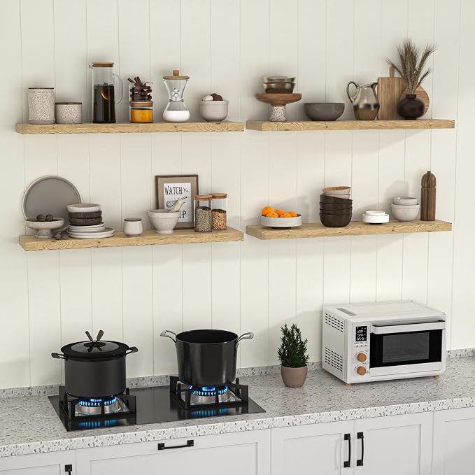 Fun Memories 36 Inch Reclaimed Wood Floating Shelves for Wall, 8 Inch Deep Heavy Duty Rustic Wooden Shelf with Invisible Brackets for Fireplace, Kitchen & Coffee Bar, Natural
