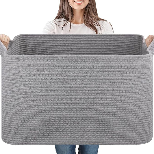 95L Cotton Rope Large Blanket Basket (24" x 16.9" x 14.2") for Living Room, Kids Room & Laundry, Storage Basket with Handle for Organizing Blankets, Pillows, Clothes & Toys, Light Grey