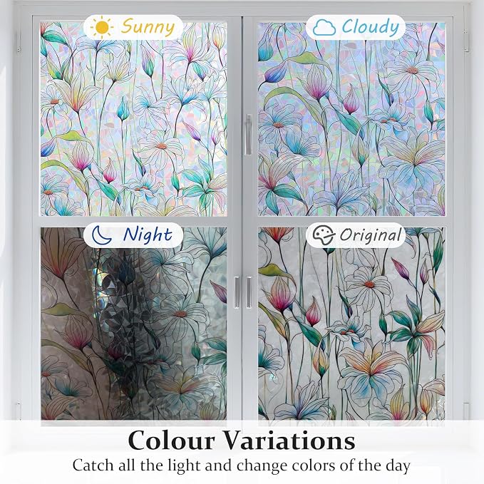 Donox Decorative Window Privacy Film, 3D Floral Stained Glass Window Film Static Cling Rainbow Privacy Sticker for Glass Door Heat Control Anti UV, No Adhesive (Magnolia,23.6 x 157.4 inches)