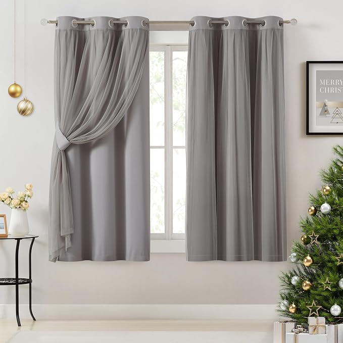 Bujasso Grey 90% Blackout Curtains with Sheer Overlay Mix and Match Double Layer Window Curtains Thermal Insulated 63 inch for Living Room Bedroom Gray Drapes with Tiebacks Grommet Top 37" Wx63 Lx2
