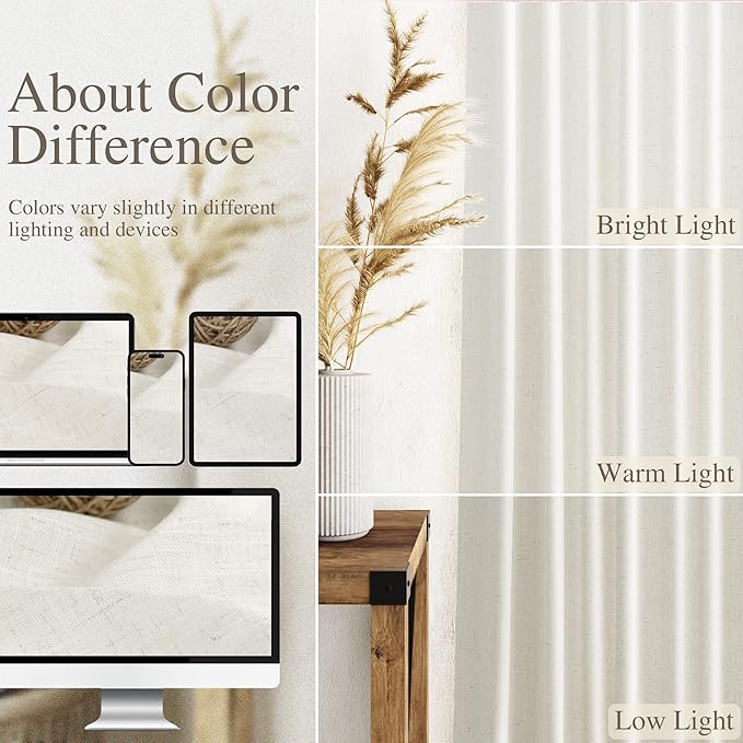 Cream Linen Curtains 142 Inches Long for Living Room Extra Long Back Tab Curtains Neutral Farmhouse Light Filtering Semi Sheer Linen Drapes Ceiling to Floor for Large Window 2 Panels Set 52x142