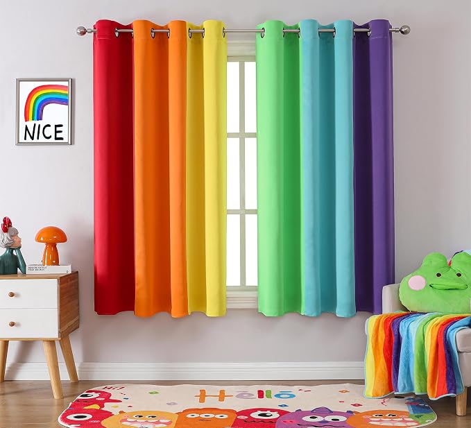 THOOO 2 Panels Rainbow Curtains Blackout Curtains 54 Inch Length for Bedroom Living Room Classroom Nursery Colorful Room Darkening Grommet Curtains Patchwork Red, Orange, Yellow, Green, Blue, Purple
