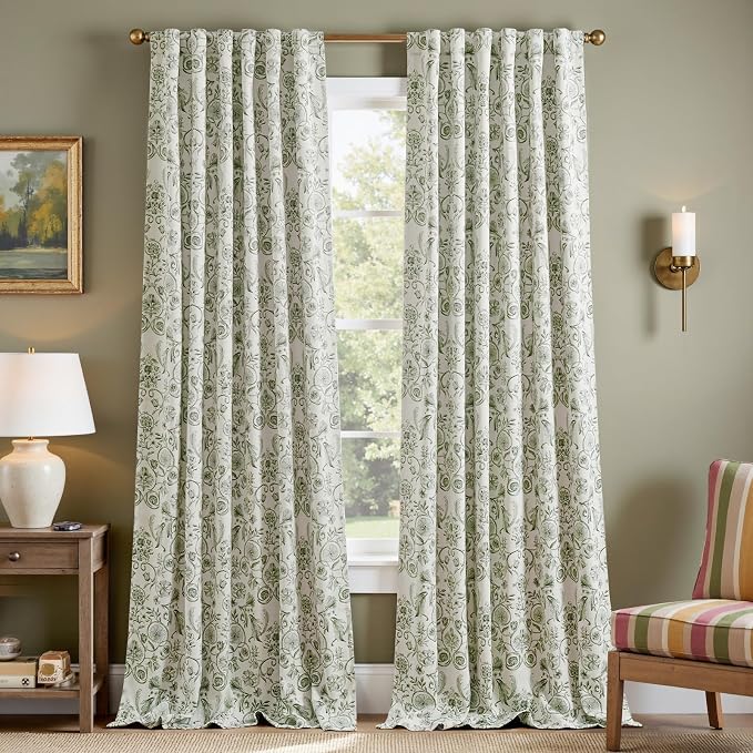 jinchan Floral Blackout Curtains for Bedroom Living Room 96 Inches Length Farmhouse Curtains Room Darkening Vintage Drapes Traditional Rod Pocket Window Treatment 2 Panels Set Sage Green on Beige