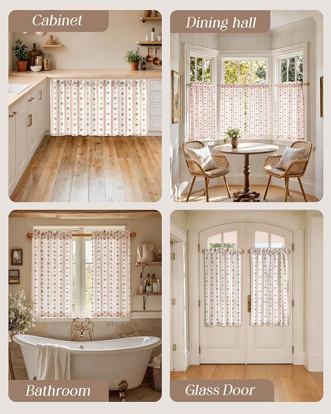 Miss Adola Farmhouse Kitchen Tier Curtains - 45 Inch Length Linen Blend Boho Floral Cafe Curtains Stripe Small Window Treatments Over Sink Rod Pocket for Bathroom Living Room Light Filtering, 2 Panels