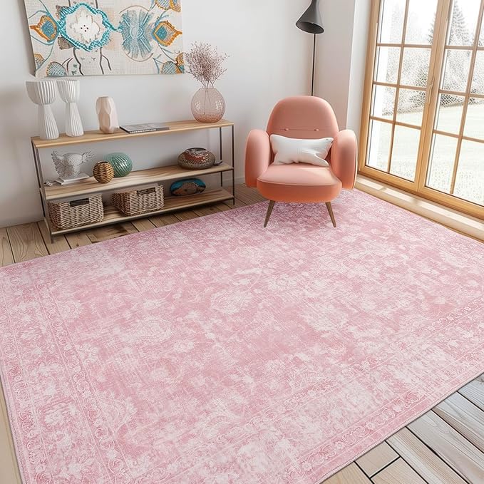 FROZZUR 2x6 Boho Pink Runner Rug Vintage Farmhouse Hallway Entryway Rugs for Kitchen Bedroom Non Slip, Washable Boho Carpet for Home Decor