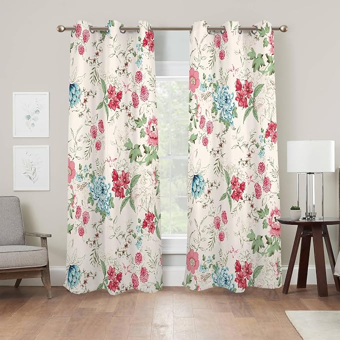 Renaiss Boho Flower Blackout Curtains Wild Blue Pink Floral Thermal Insulated Window Drapes for Bedroom 42W x 96L inches 2 Panel Set Beige Window Curtain Panels for Living Room