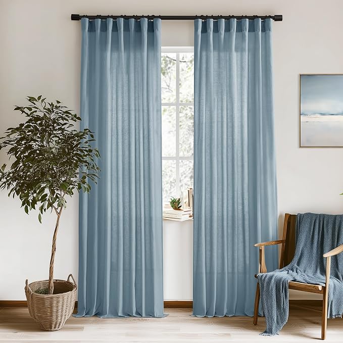 XTMYI Stone Blue Curtains 90 Inches Long for Living Room,Light Filtering Country Vintage Hooks Pleated Back Tab Semi Sheer Linen Curtains for Bedroom 2 Panels Set,Dusty Blue