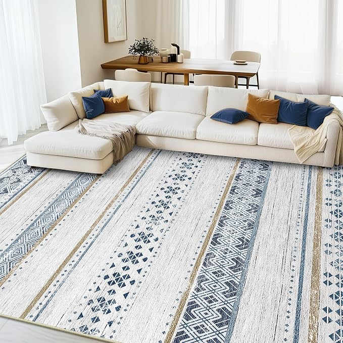 BESTSWEETIE 6x9 Area Rugs for Living Room Washable Moroccan Farmhouse Neutral Geometric Low Pile Non-Slip Soft Print Pattern Rug for Bedroom Kitchen Dining Room Entryway Blue/Brown