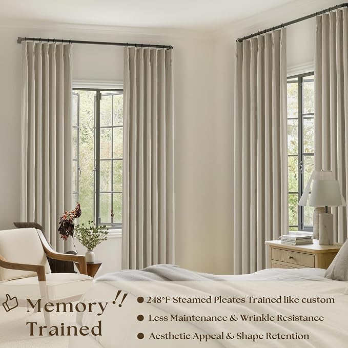 Greyish Beige Linen Blackout Curtains 45 Inch Length 2 Panels Pinch Pleated Back Tab Short Curtains for Kitchen with 100% Blackout Liner Neutral Farmhouse Drapes for Basement Thermal Insulated Drape
