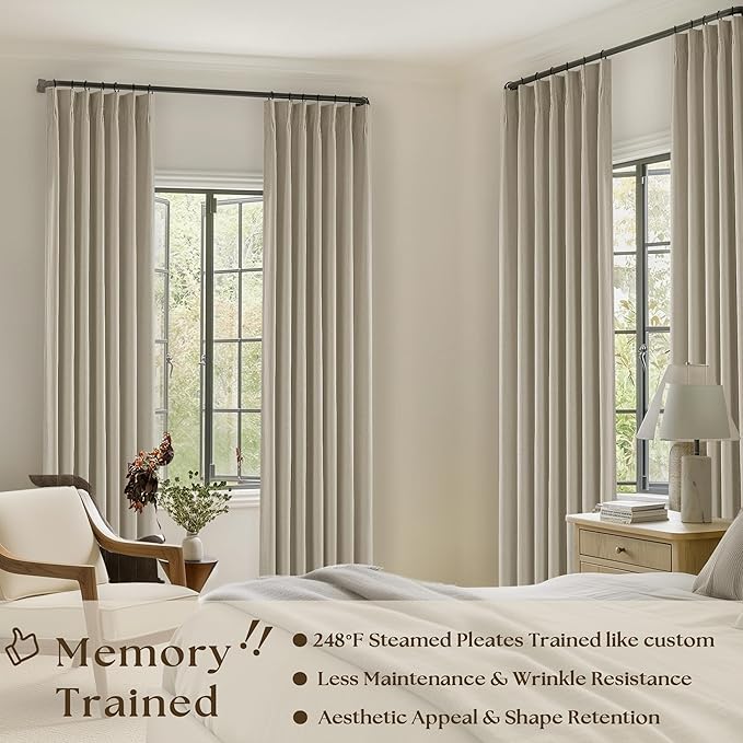 Greyish Beige Black Out Curtains 63 Inch Long for Bedroom Pinch Pleated with Rings Hooks Back Tab Thermal Insulated Short Linen Blackout Drapes Farmhouse Living Room Darkening Kitchen Curtains