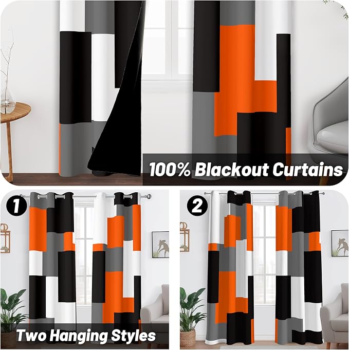 Tyrot Orange 100% Blackout Curtains for Bedroom 72 inch Length 2 Panels Set White Grey Modern Abstract Geometric Black Out Curtains Insulated Room Darkening Window Drapes for Living Room, 42Wx72L