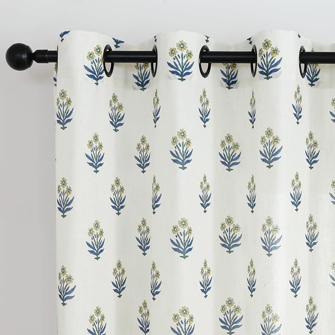 Lino Rosa Spring Mustard Yellow Curtains for Living Room,Sheer Flower Pattern Retro Floral Pretty Mid Century Modern Curtains for Bedroom Window 2 Panel Sets,52 x 84 Inches Long,Yellow and Blue