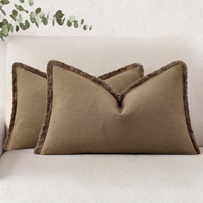 decorUhome Linen Fringe Lumbar Throw Pillow Covers Set of 2 Decorative Light Brown Pillow Covers with Tassels Soft Accent Boho Farmhouse Pillow Cases for Couch Bed Sofa 12x20 Inch