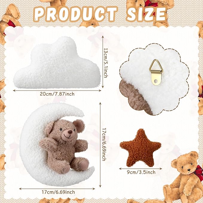 Chumia 7 Pcs Teddy Bear Nursery Wall Decor Boho Nursery Wall Art with Clouds Moon Star Soft Plush Baby Room Decor Gender Neutral for Bedroom Playroom Decoration