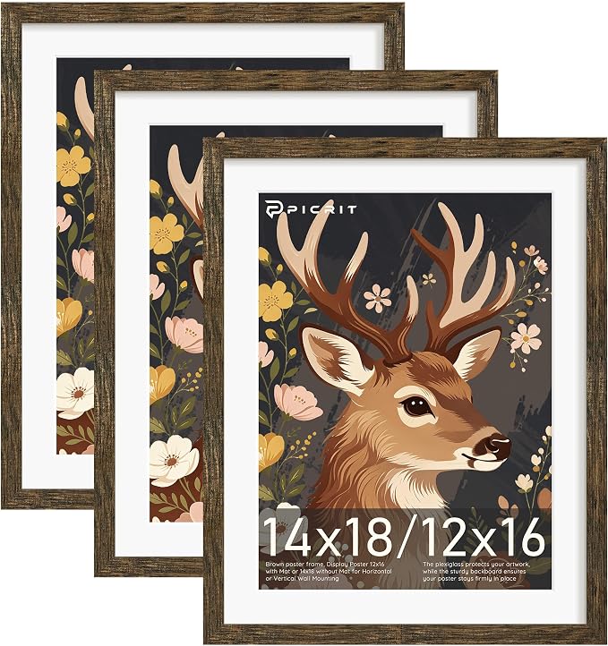 Picrit 14x18 Picture Frame 3 Pack, Wooden Brown Rustic Poster Frame, Display Poster 12 x 16 with Mat or 14 x 18 without Mat for Horizontal or Vertical Wall Mounting