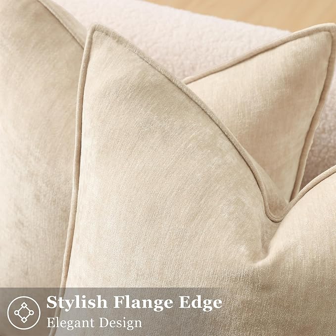 decorUhome Fall Couch Euro Sham Throw Pillow Covers 26x26 Set of 2, Decorative Soft Velvet Modern Cozy Chenille Pillow Cases with Elegant Design for Sofa Bed Living Room Home Decor, Beige