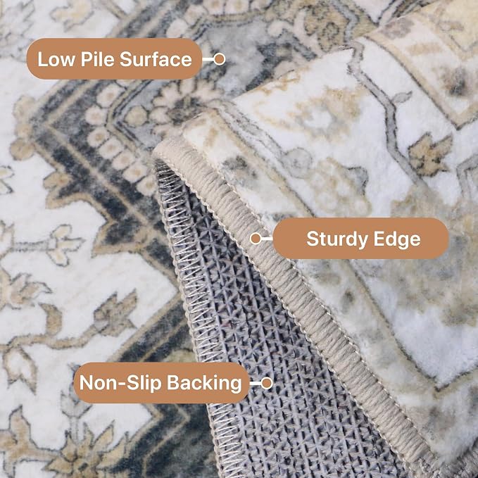 GENIMO 5x7 Area Rugs for Living Room, Machine Washable Non Slip Vintage Rugs, Low Pile Lightweight Print Rug for Bedroom, Dining Room, Home Office, Heathered Grey